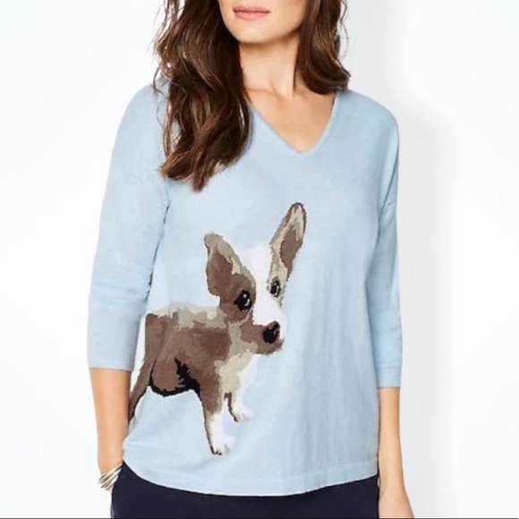 J. Jill Sweaters - J. Jill Light Blue Corgi Graphic V-Neck Sweater